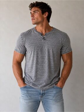 Lucky Brand Men's Heather Gray Short-Sleeve Henley- Venice Burnout Size -XL
